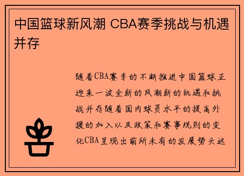 中国篮球新风潮 CBA赛季挑战与机遇并存